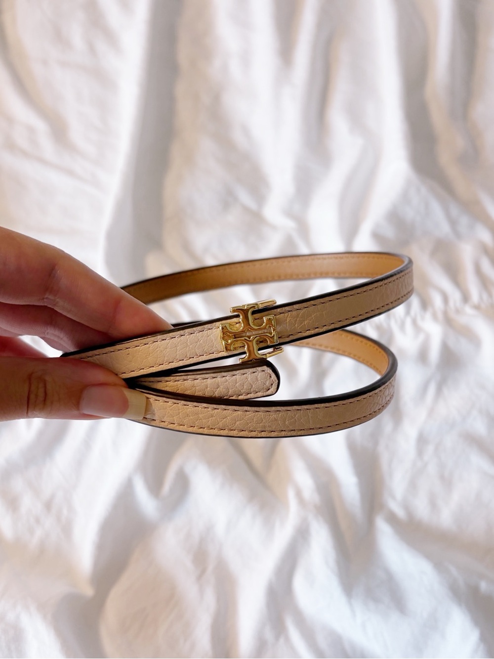TORY BURCH Reversible Light Pink Beige & Tan Skinny Logo Belt XS